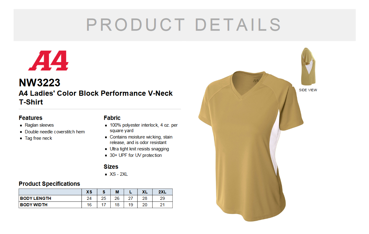 NW3223 A4 Ladies' Color Block Performance V-Neck T-Shirt